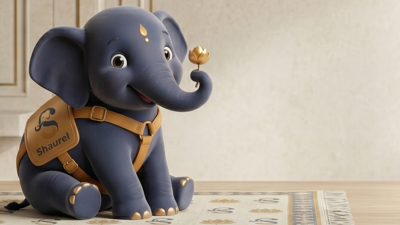 Decorative elephant figurine on a wooden floor with a neutral background